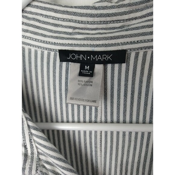 John Mark Woman M Tunic Shirt Grey White Striped Roll Tab LS V Neck Asymmetrical - Picture 3 of 11